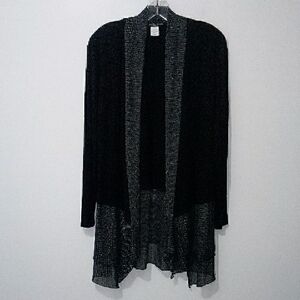 Kim & Cami Black Long Sleeve Open-Front Cardigan with Sheer Polkadot LayeredTrim